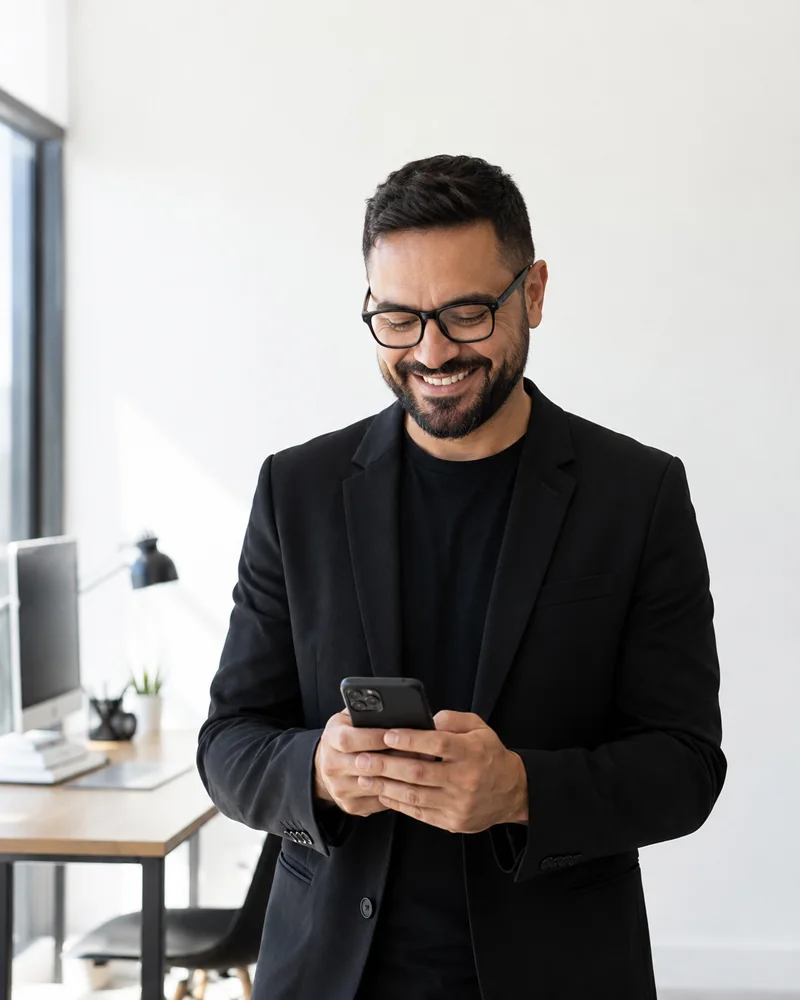 Empresário sorrindo enquanto usa o celular