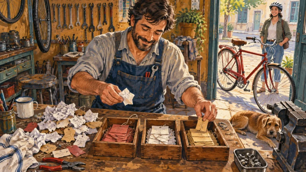 Ilustração de um mecânico organizando pedidos na bancada enquanto uma cliente espera com a bicicleta.