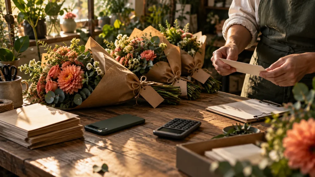 Florista confere pedidos ao lado de buquês prontos, envelopes e uma calculadora sobre a bancada.