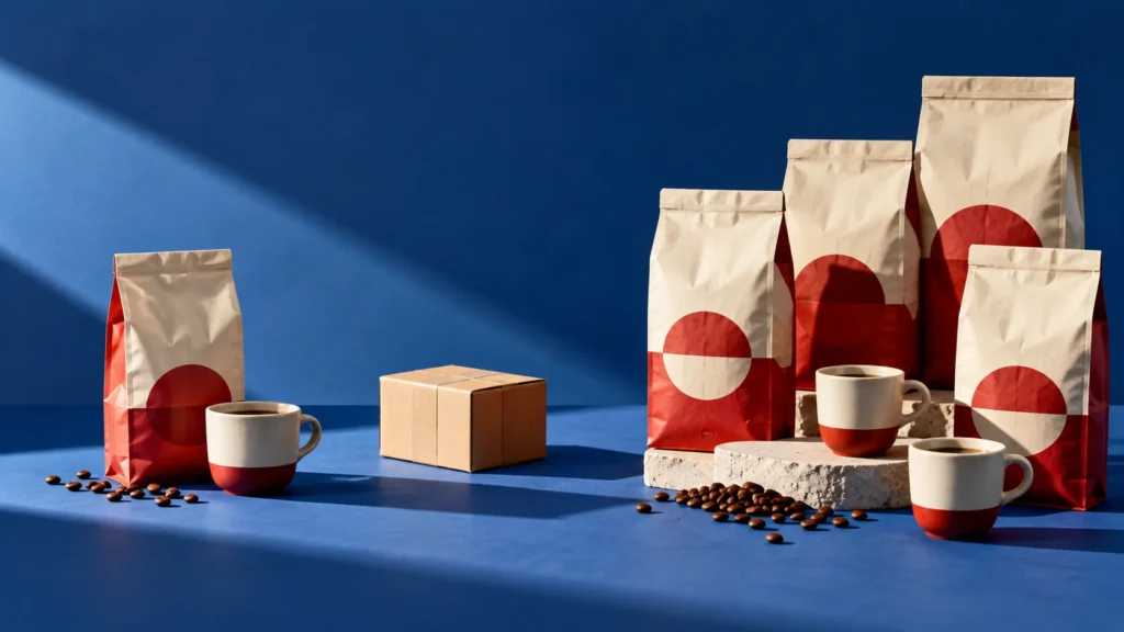 Duas composições de embalagens de café e xícaras sobre fundo azul mostram apresentações diferentes do mesmo produto.