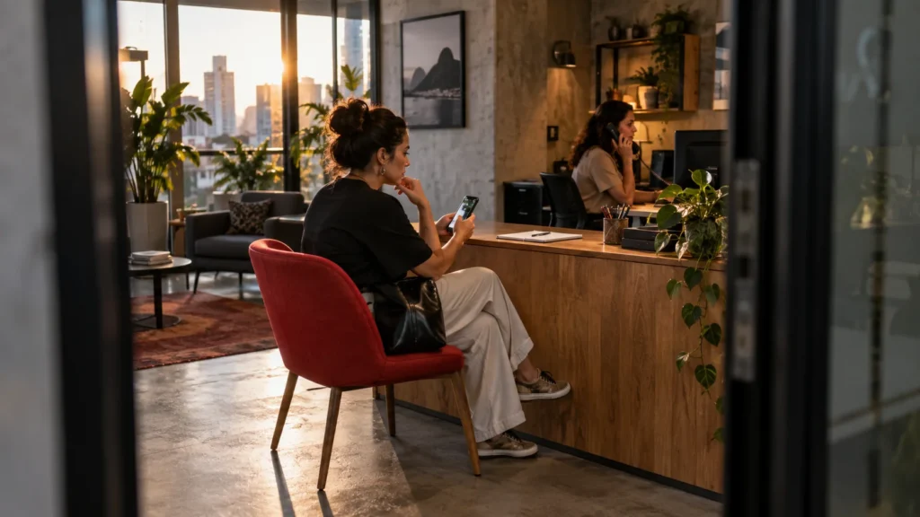 Mulher consulta o celular na recepção de uma empresa enquanto a atendente conversa ao telefone.