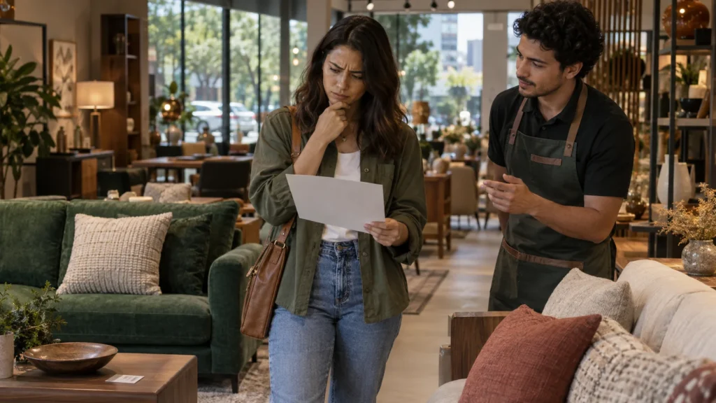 Cliente analisa uma referência impressa e conversa com o vendedor em uma loja de móveis.