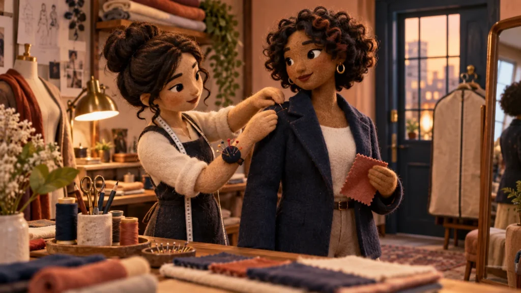 Personagens de feltro representam uma costureira ajustando o casaco de uma cliente no ateliê.