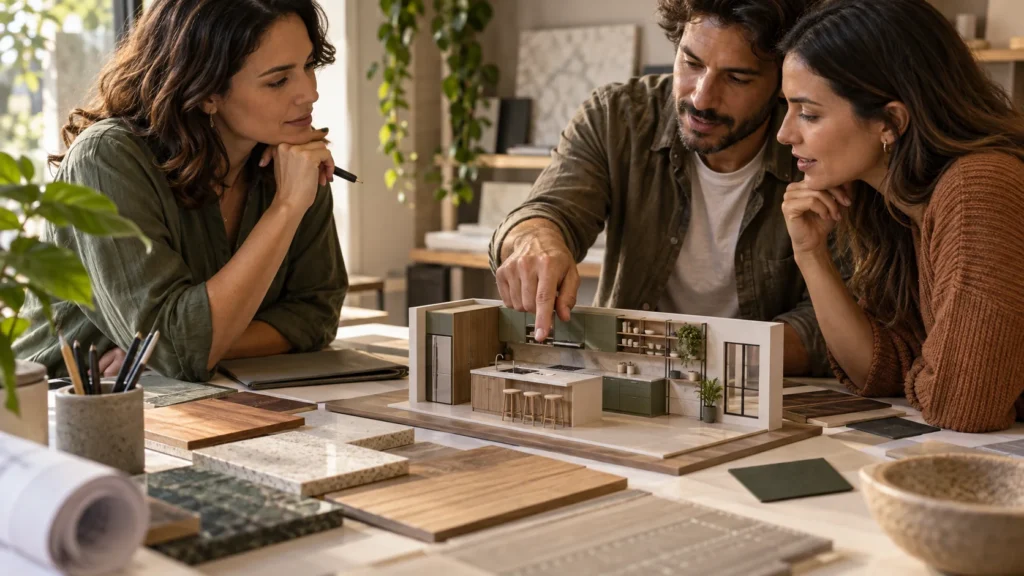 Consultora e casal analisam uma maquete de cozinha com amostras de madeira e pedra sobre a mesa.