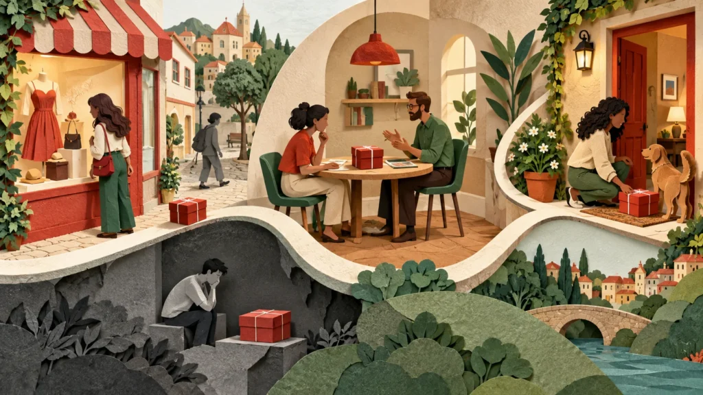 Ilustração em camadas de papel mostra uma vitrine, uma conversa comercial e a entrega de um pacote em casa.