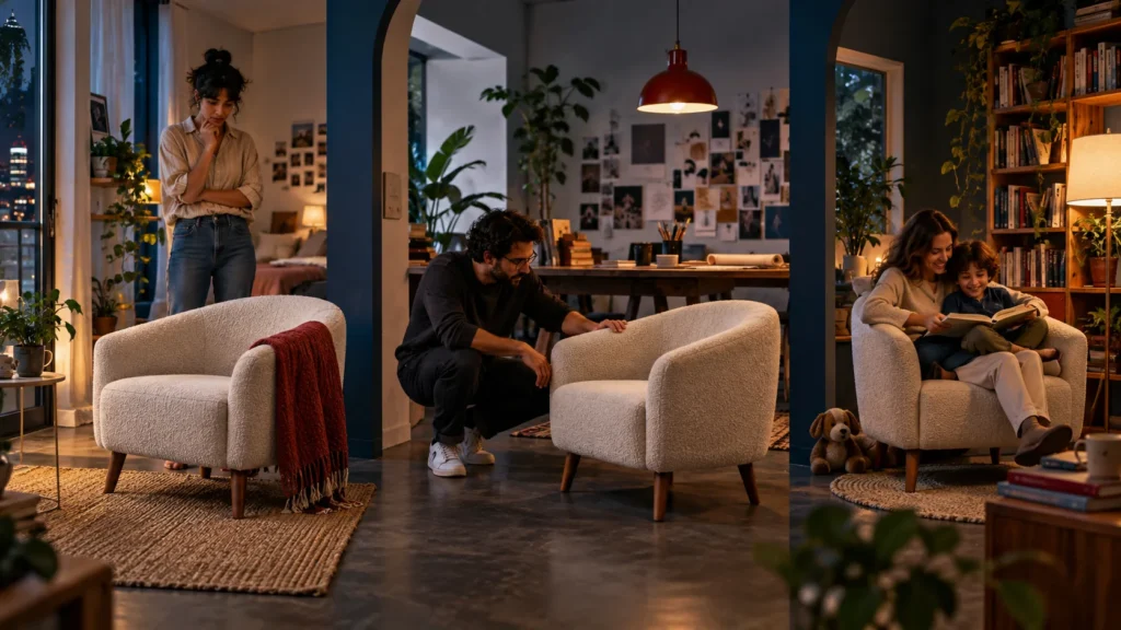 Composição mostra uma poltrona em três ambientes: apartamento, estúdio de trabalho e canto de leitura em família.