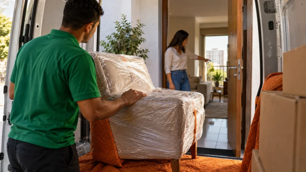 Entregador confere uma poltrona embalada na van enquanto a cliente indica o espaço dentro do apartamento.