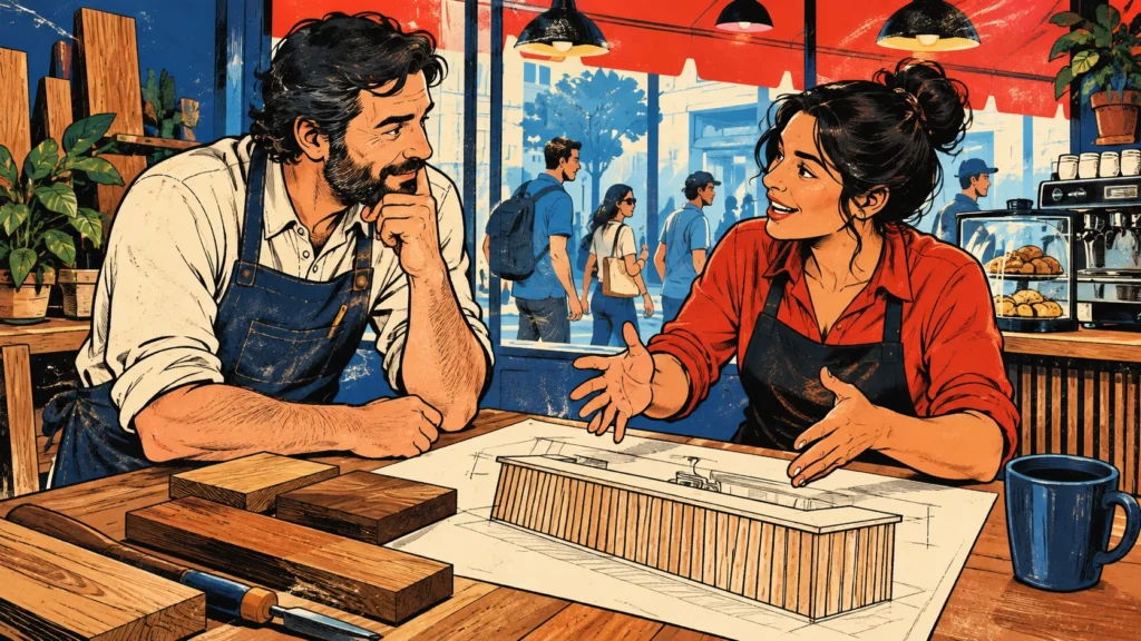 Cartoon de um marceneiro conversando com uma comerciante sobre o projeto de um balcão para cafeteria.