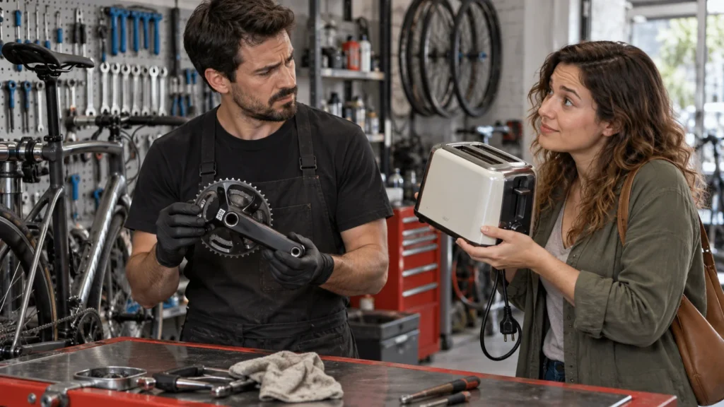 Cliente apresenta uma torradeira a um mecânico especializado em bicicletas, ilustrando uma procura incompatível com o serviço.