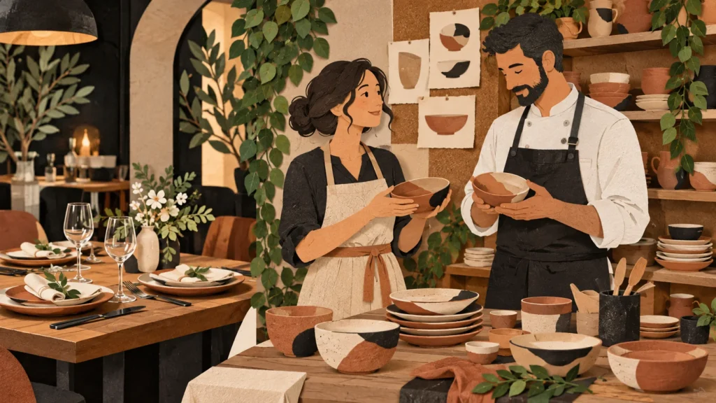 Ilustração de uma ceramista e um chef examinando tigelas para compor a louça de um restaurante.