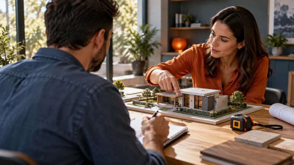 Cliente aponta uma parte da maquete de uma casa enquanto o profissional registra informações sobre o projeto.
