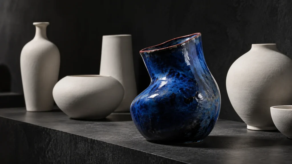 Vaso azul de forma orgânica se destaca entre vasos brancos, representando diferenciação de marca.