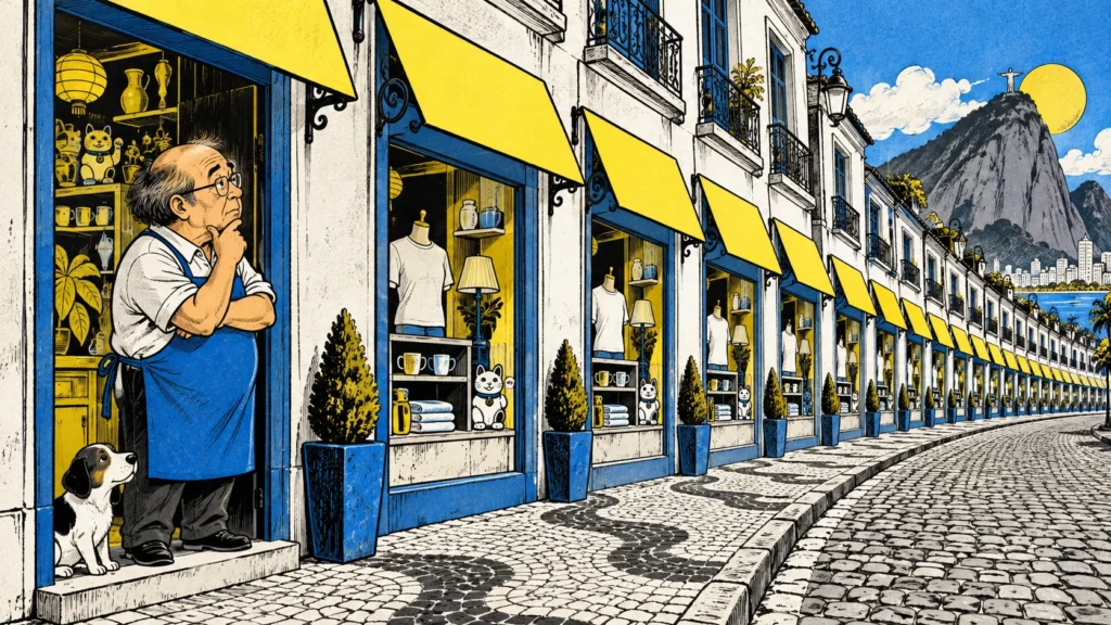 Ilustração de comerciante diante de lojas visualmente parecidas, mostrando a dificuldade de diferenciar uma marca.