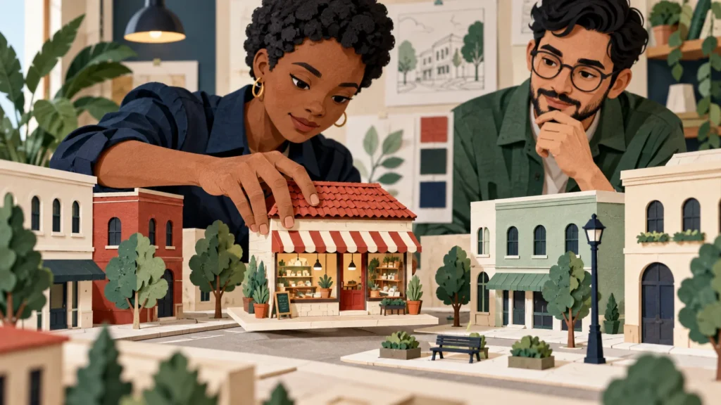 Ilustração em papel de profissionais construindo uma loja vermelha em uma maquete de cidade.