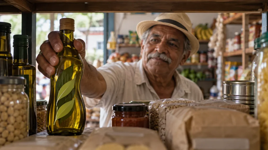 Comerciante seleciona uma garrafa em uma prateleira de produtos, em cena sobre reconhecimento de marca.