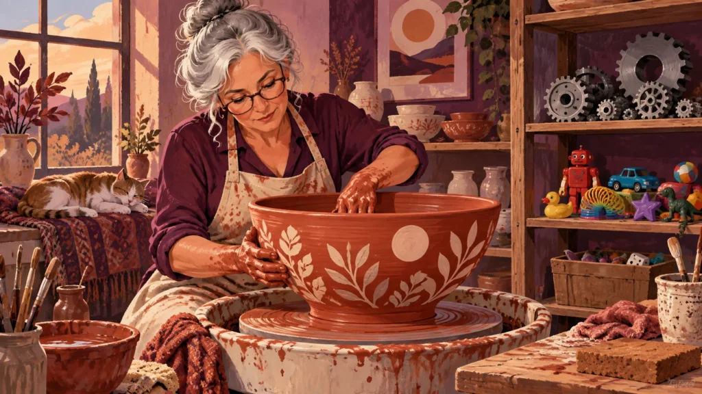 Ilustração de artesã modelando uma peça de cerâmica em ateliê com objetos de estilos variados.