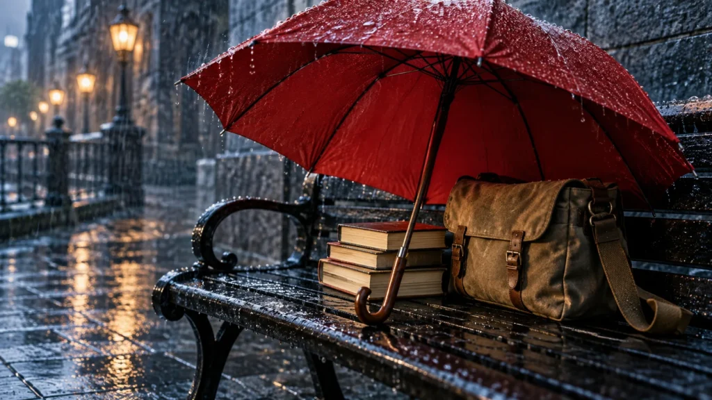 Guarda-chuva vermelho protege livros e uma bolsa da chuva, ilustrando o benefício concreto de um produto.