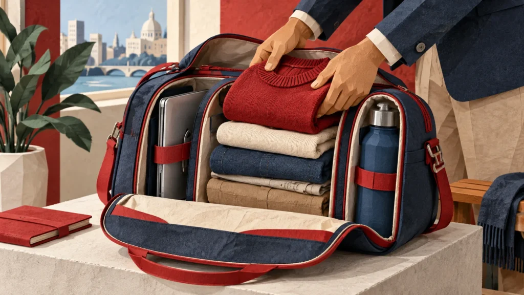 Ilustração em papel de uma bolsa organizada com roupas, computador e garrafa em compartimentos separados.