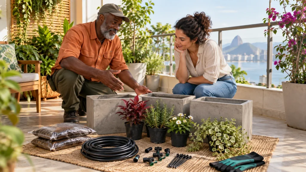 Jardineiro apresenta vasos, plantas e peças de irrigação a uma cliente antes de montar um jardim.