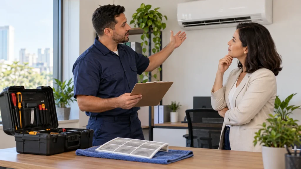 Técnico explica o serviço de manutenção do ar-condicionado a uma cliente, com filtro e ferramentas sobre a mesa.