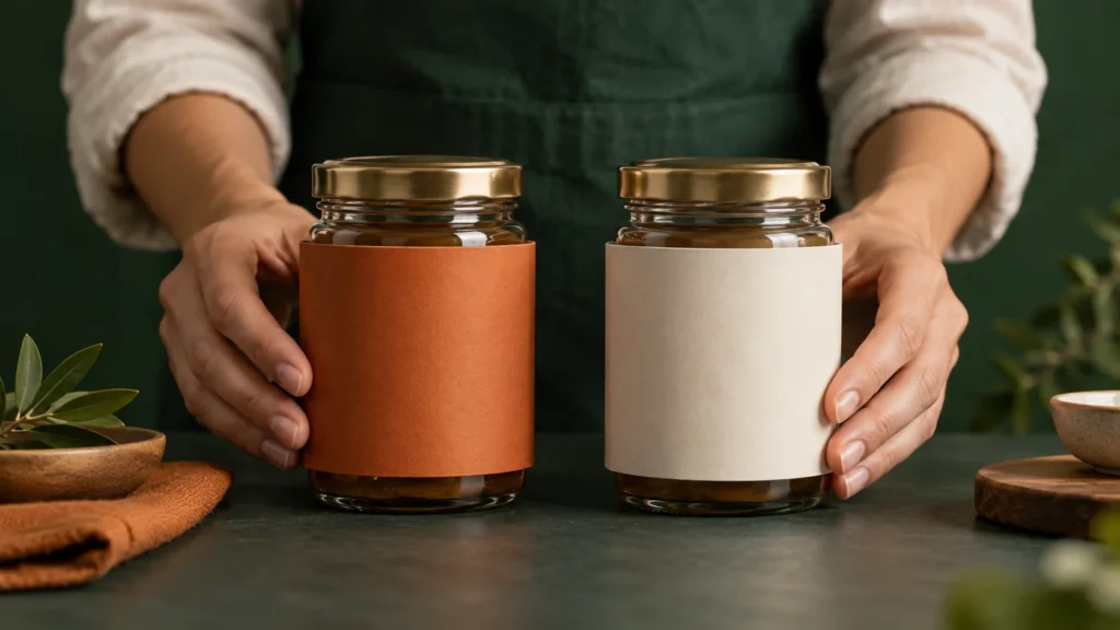 Mãos apresentam dois potes de vidro iguais com embalagens de papel em cores diferentes.