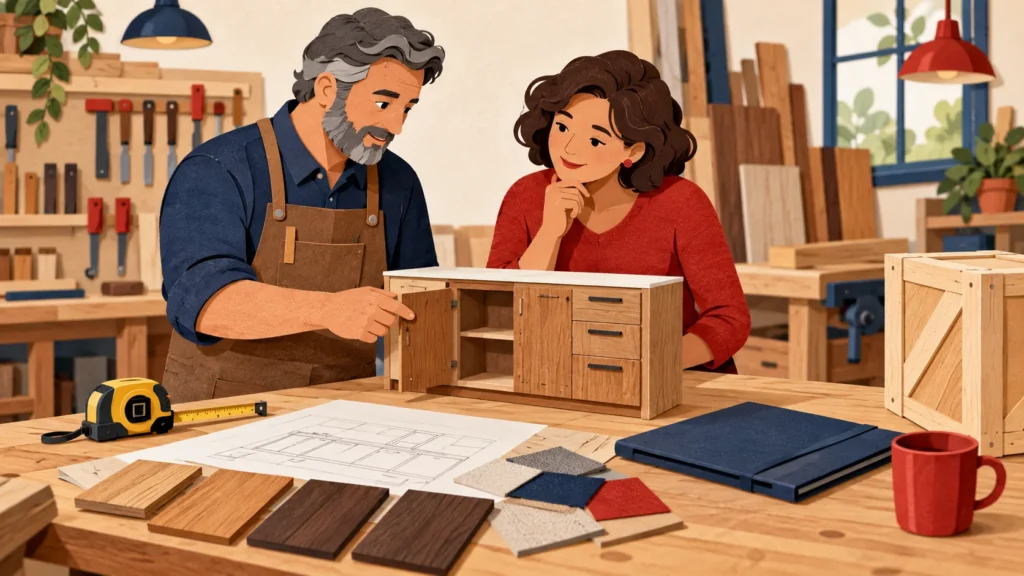 Ilustração de um marceneiro e uma cliente revisando uma maquete de armário com medidas e amostras de materiais.