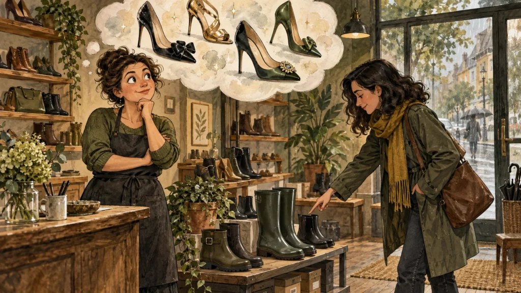 Cartoon de lojista imaginando sapatos de salto enquanto a cliente aponta para botas de chuva.