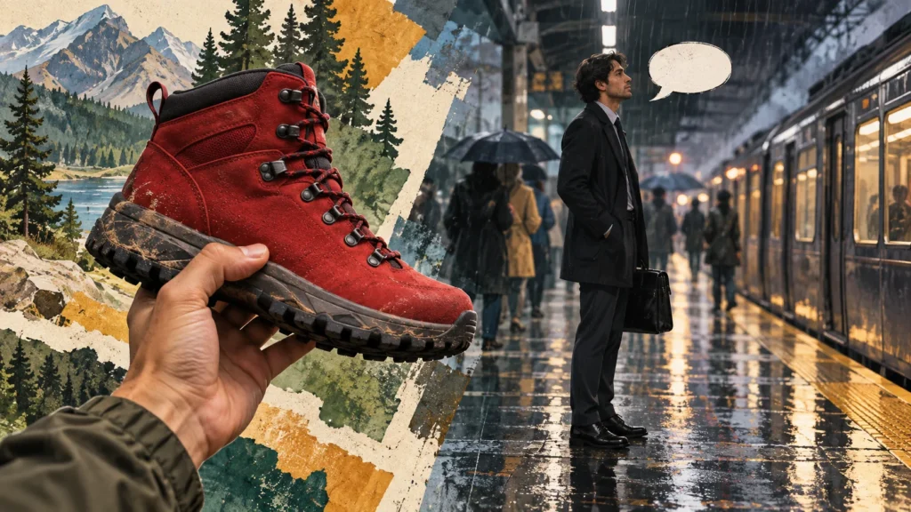Colagem de uma bota de trilha diante de montanhas e um passageiro com sapatos sociais em uma estação chuvosa.