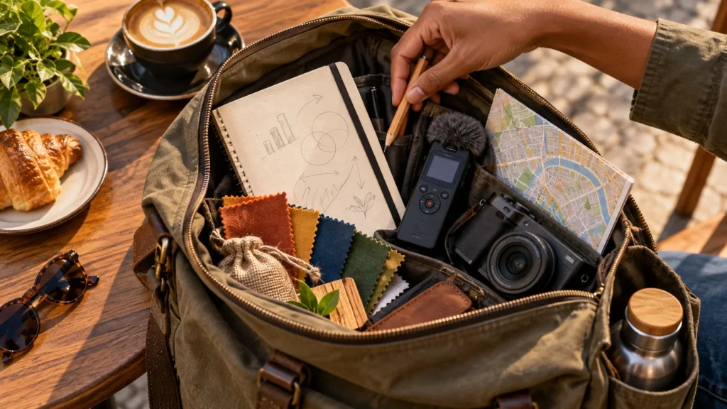 Bolsa de pesquisa com caderno, gravador, câmera, mapa e amostras de materiais sobre uma mesa.