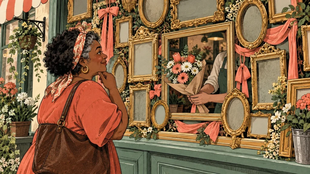 Cartoon de cliente encontrando um buquê entre muitas molduras e enfeites na vitrine de uma floricultura.