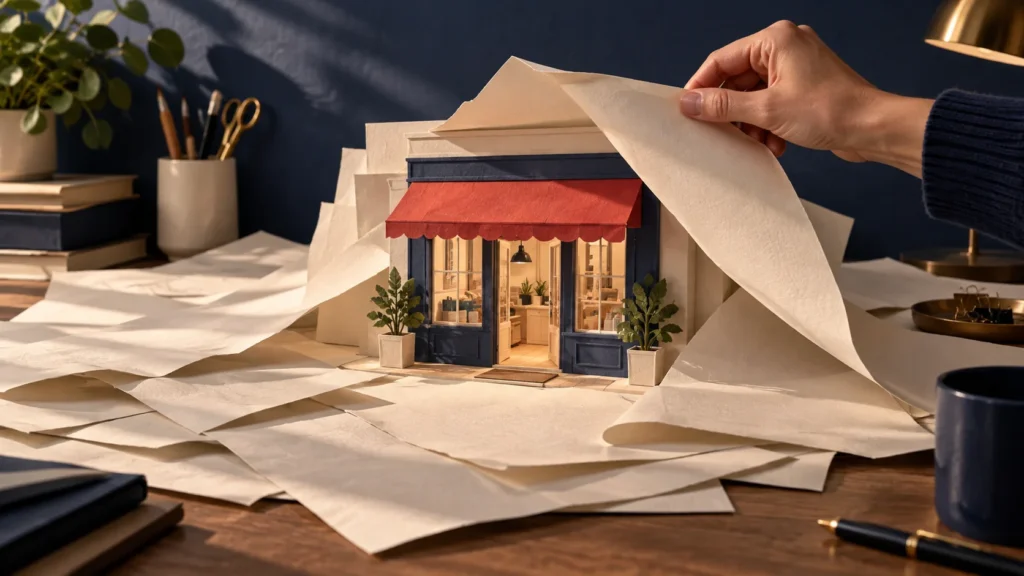 Mão retira folhas de papel e revela a entrada de uma loja em miniatura com toldo vermelho.