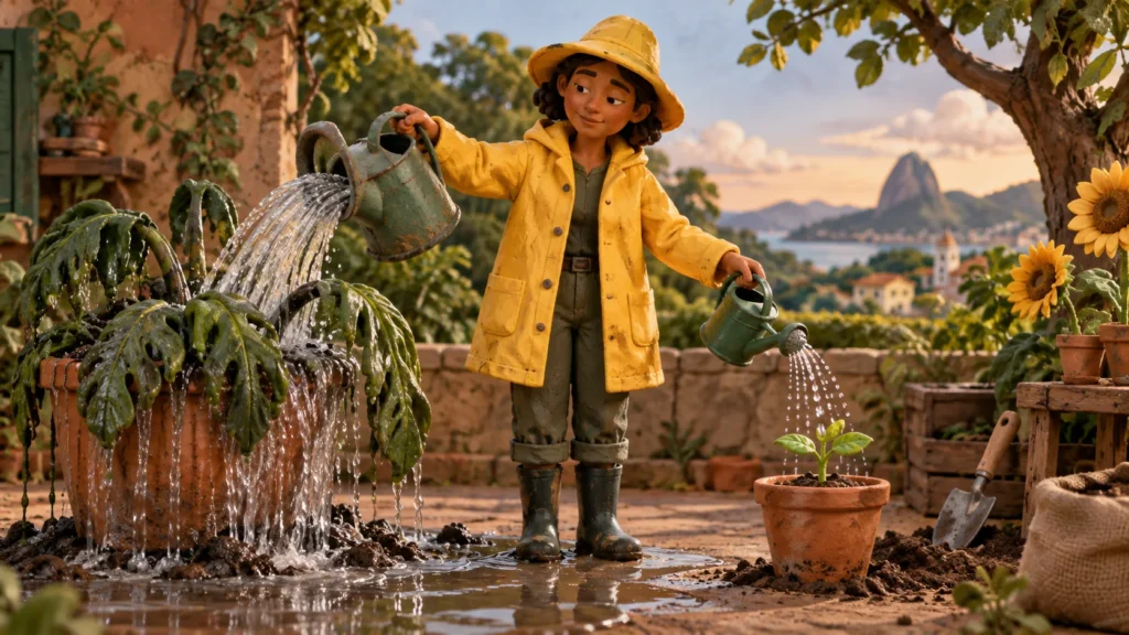 Personagem de massinha usa dois regadores, com excesso de água em uma planta e uma quantidade menor em uma muda.