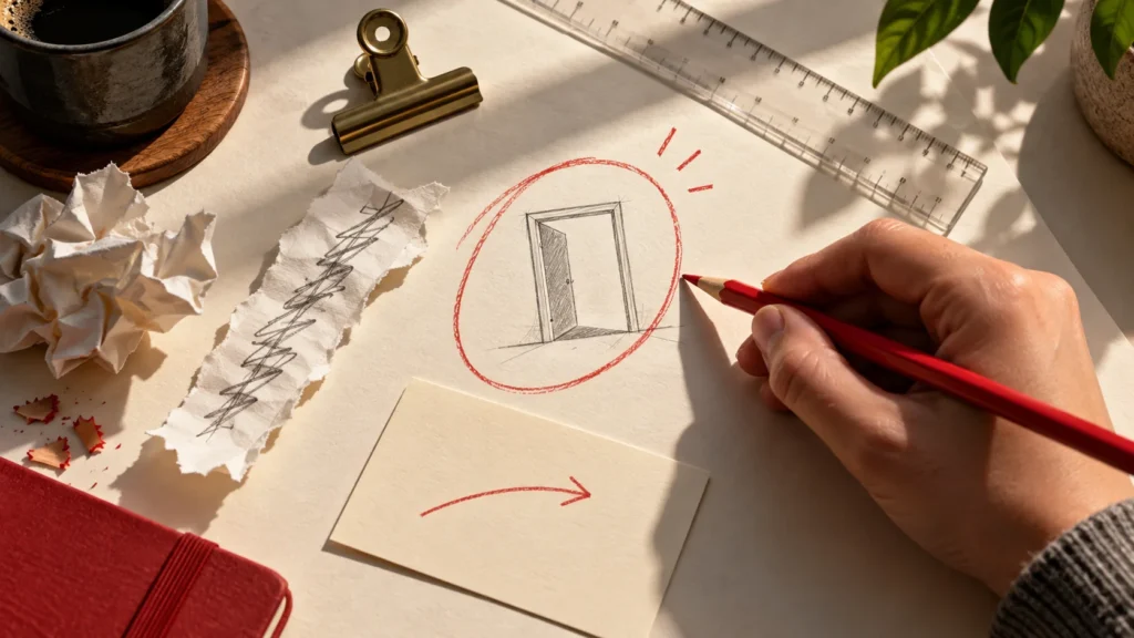 Lápis vermelho destaca o desenho de uma porta aberta sobre uma mesa de revisão, ao lado de uma seta.