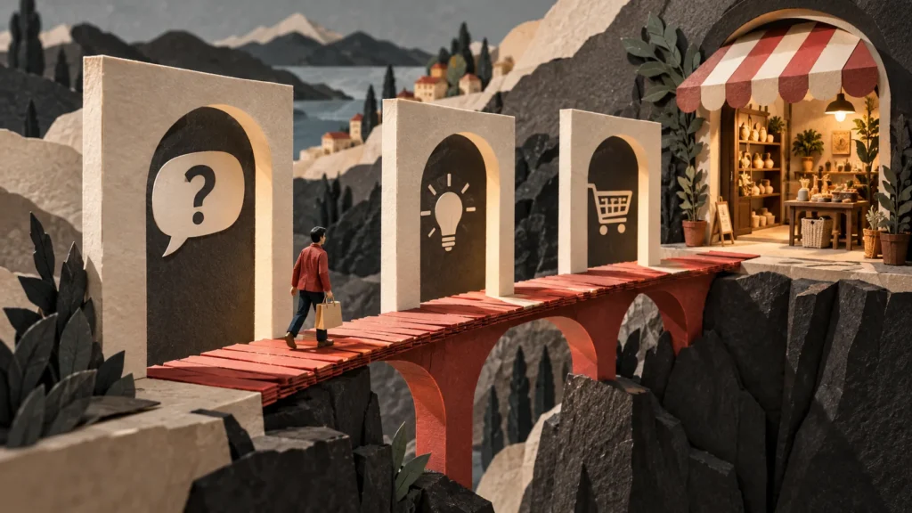 Ponte de papel com símbolos de dúvida, ideia e compra liga uma pessoa a uma loja, ilustrando a sequência de uma página de vendas.