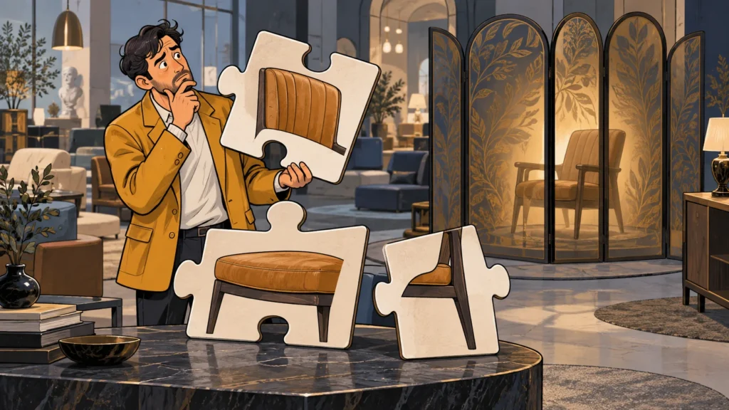 Homem segura uma peça de quebra-cabeça com uma cadeira enquanto o produto fica escondido, ilustrando uma oferta difícil de entender.
