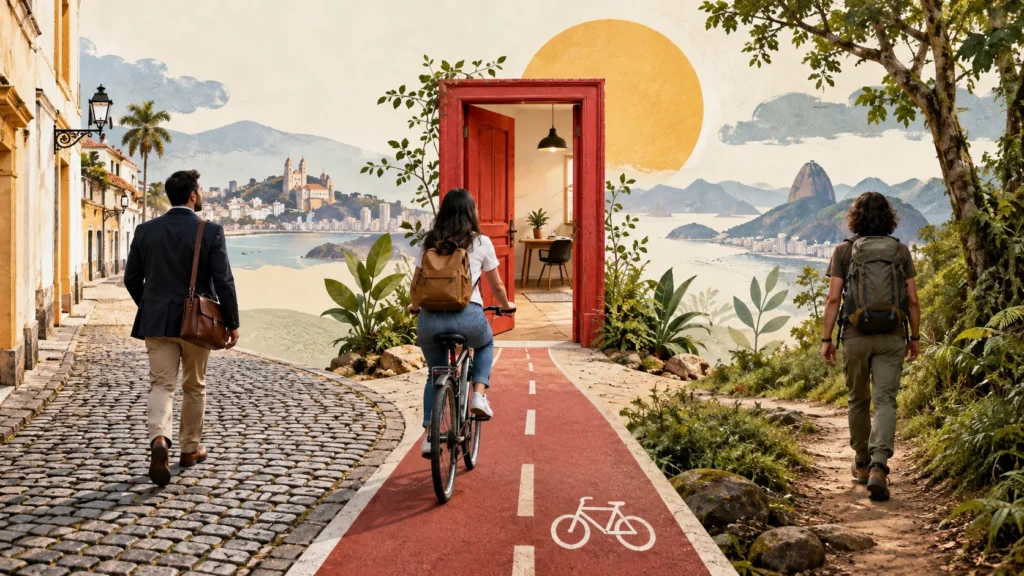 Pedestre, ciclista e caminhante seguem caminhos diferentes até uma porta vermelha, representando origens distintas de visitantes.