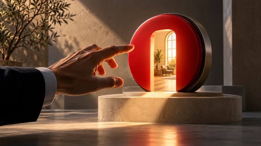 Mão se aproxima de um botão vermelho com uma porta iluminada, representando uma chamada para ação com destino claro.
