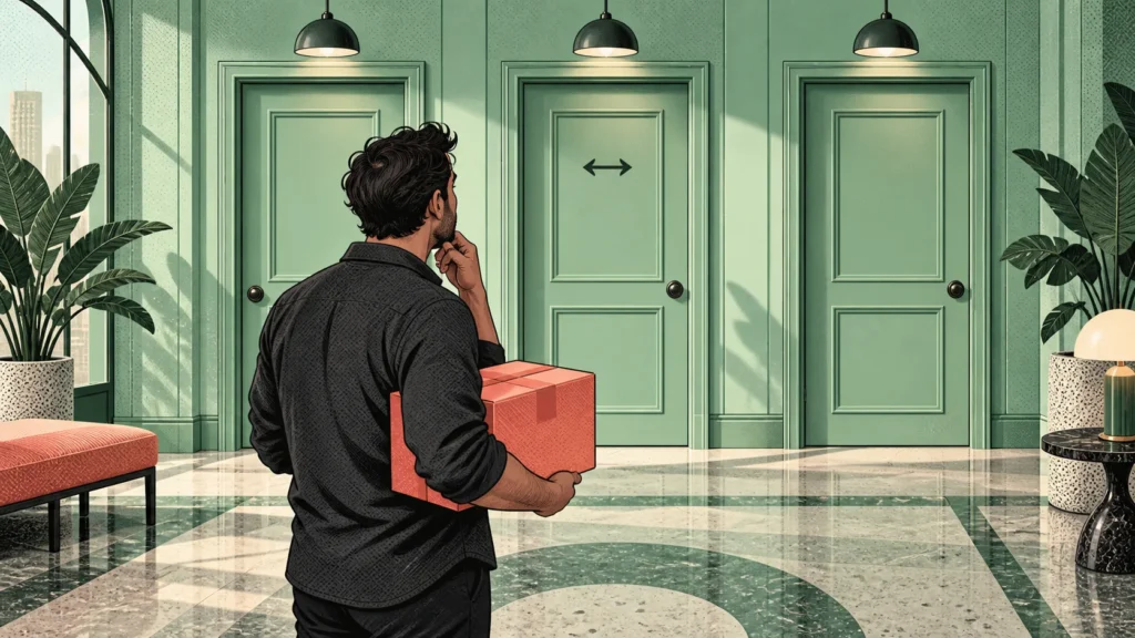 Homem com uma encomenda fica em dúvida diante de três portas verdes semelhantes e uma seta em duas direções.