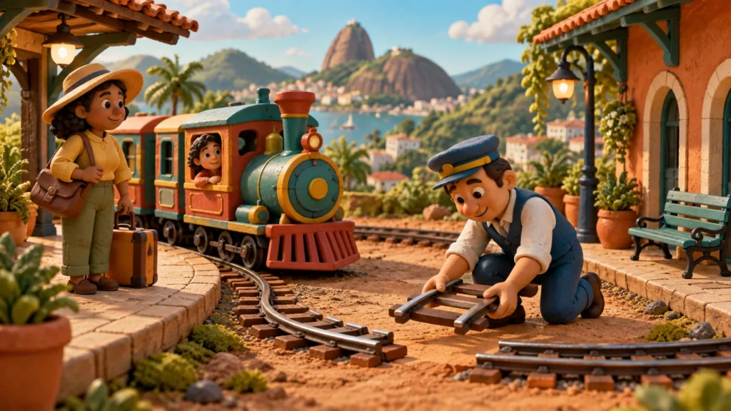 Funcionário encaixa um trilho que falta diante de um trem de argila parado, ilustrando a orientação necessária após um erro.