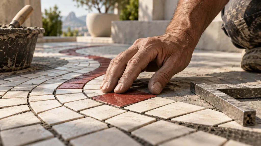 Mão encaixa uma peça vermelha em um caminho de mosaico ao lado de um esquadro, representando a revisão de pequenos textos.