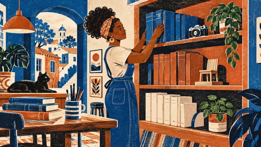 Ilustração de uma mulher organizando livros, câmera, miniatura de cadeira e planta em uma estante, como temas de conteúdo.