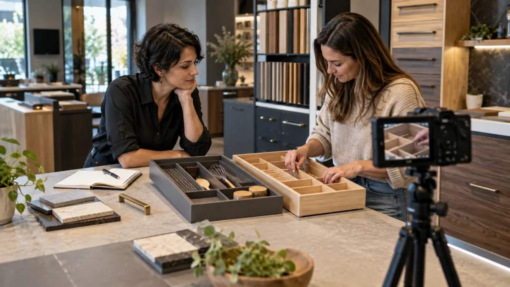 Duas mulheres comparam organizadores de gaveta em um showroom enquanto uma câmera registra a demonstração.