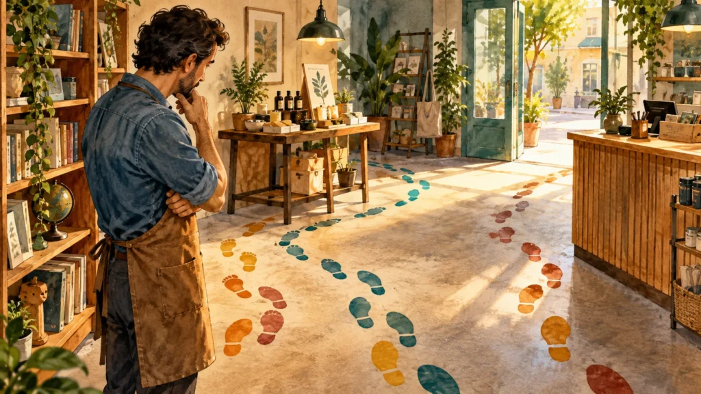 Lojista observa trilhas de pegadas coloridas entre a estante, a vitrine e o balcão em uma ilustração em aquarela.
