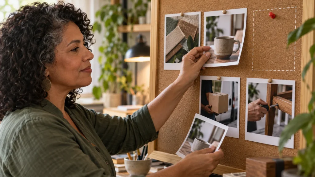 Mulher organiza fotos de materiais, produto, entrega e reparo em um mural e retira uma imagem repetida.