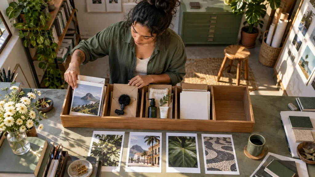 Editora organiza fotografias, microfone e amostras em um suporte de madeira, deixando um compartimento livre para o planejamento editorial.
