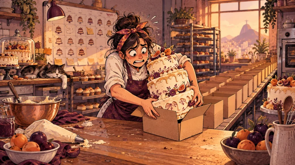 Cartoon de uma confeiteira tentando acomodar um bolo grande em uma caixa pequena diante de uma fila de caixas e um calendário cheio.