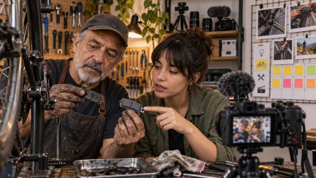 Mecânico e profissional de vídeo comparam pastilhas de freio em uma oficina de bicicletas preparada para gravação.