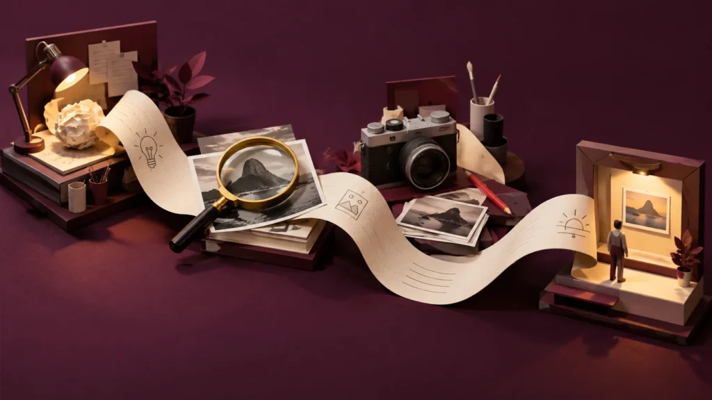 Faixa de papel conecta pesquisa com lupa, câmera, lápis de revisão e uma pequena exposição, ilustrando etapas de produção de conteúdo.