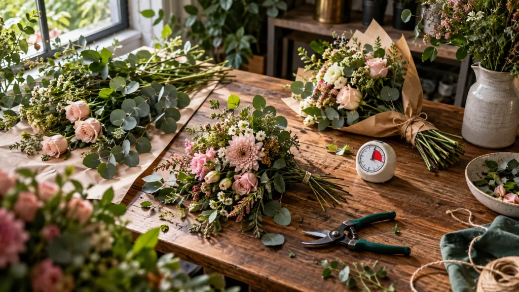 Bancada de florista com flores soltas, arranjos em preparação, buquê embalado e um temporizador.
