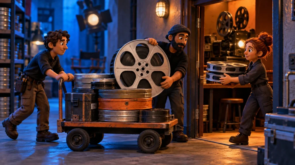 Personagens de argila organizam rolos de filme de tamanhos diferentes em um carrinho diante de uma sala de projeção.